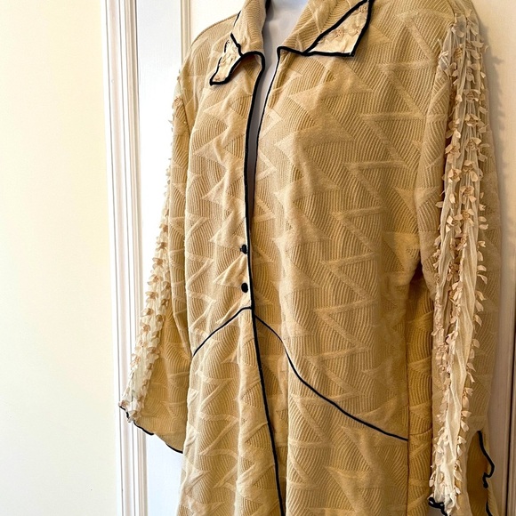 Vintage Textured Jacket Womens Large Light Tan Black Bows Mesh Artsy Lagenlook - Picture 4 of 17